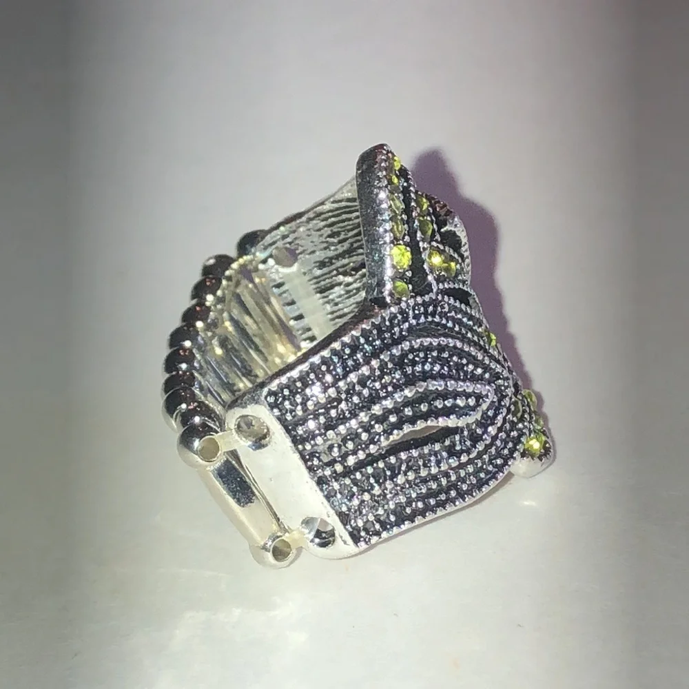 Silver Tone Ring with Green Crystal Accents